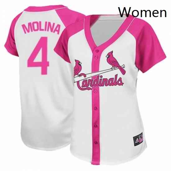 Womens Majestic St Louis Cardinals 4 Yadier Molina Authentic White Pink Splash Fashion MLB Jersey